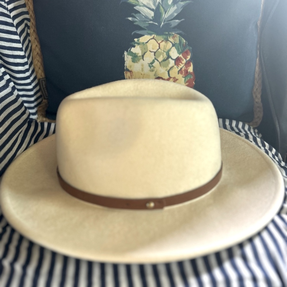 Free People 100% Wool Fedora Hat Cream with brown trim, One Size